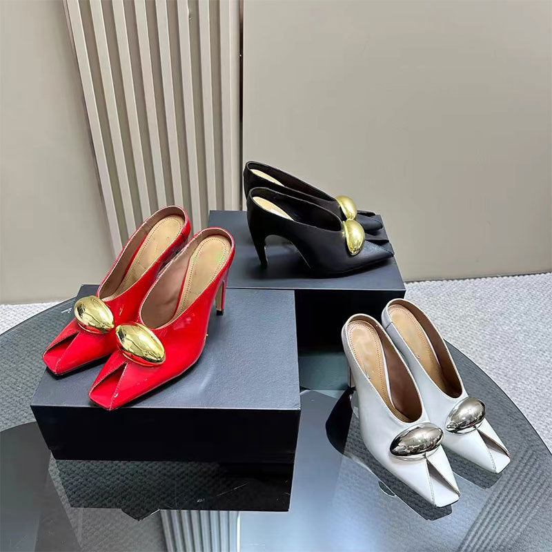 black leather mules with gold oval detail - ODD- LOMA