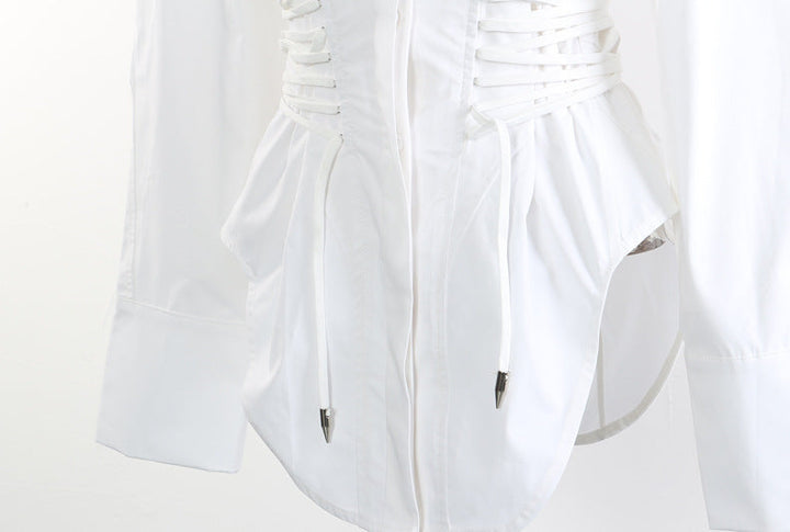 Corset-waist shirt dress with curved hem – BLANC