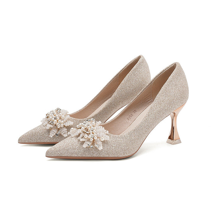 Champagne Glitter Pointed-Toe Heels with Pearl Embellishment – ÉLARA
