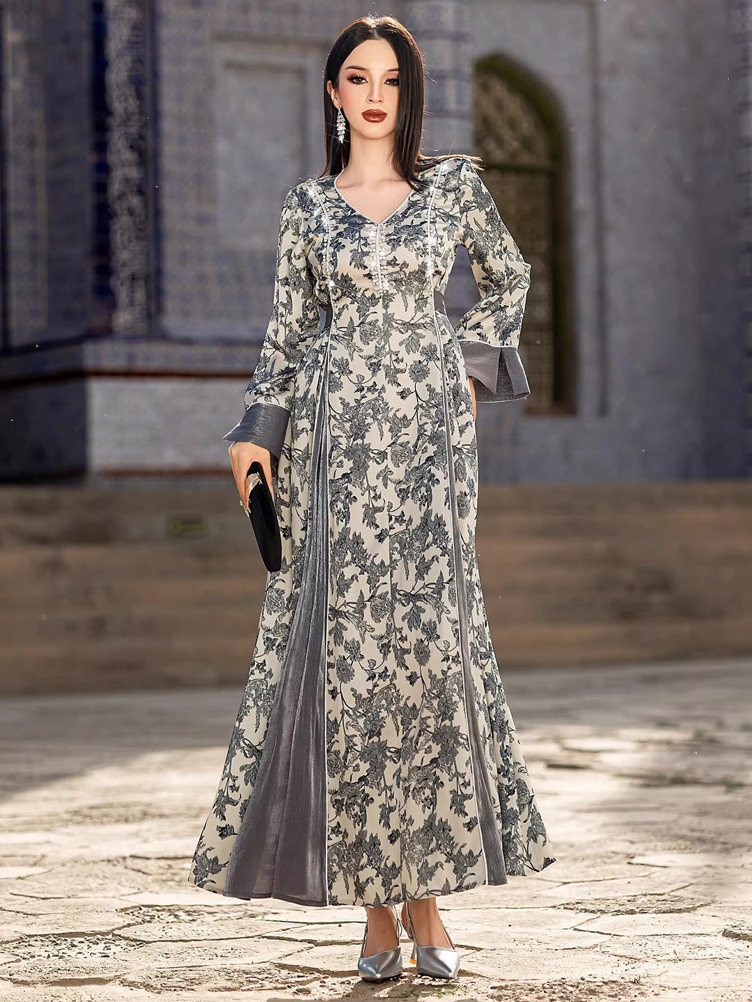 Printed Maxi Dress with Flared Sleeves and V-Neck – AURELLE