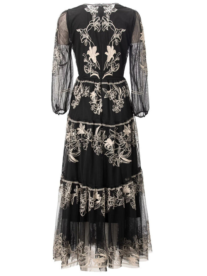 Embroidered tulle midi dress with sheer sleeves – FLORA