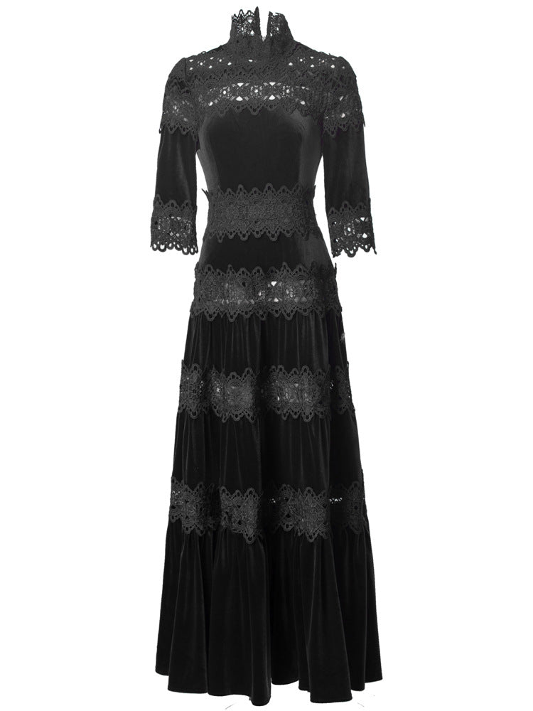 velvet maxi dress with lace panels and high neck – ODD- RUBINA