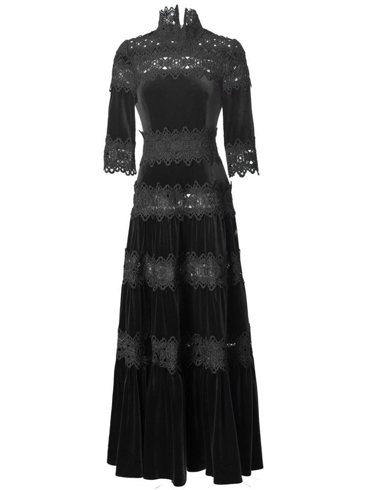 velvet maxi dress with lace panels and high neck – ODD- RUBINA