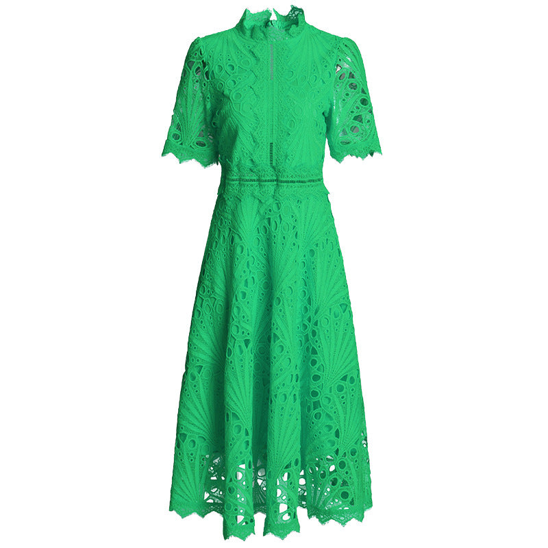 high-neck lace midi dress with short sleeves – EMERALD