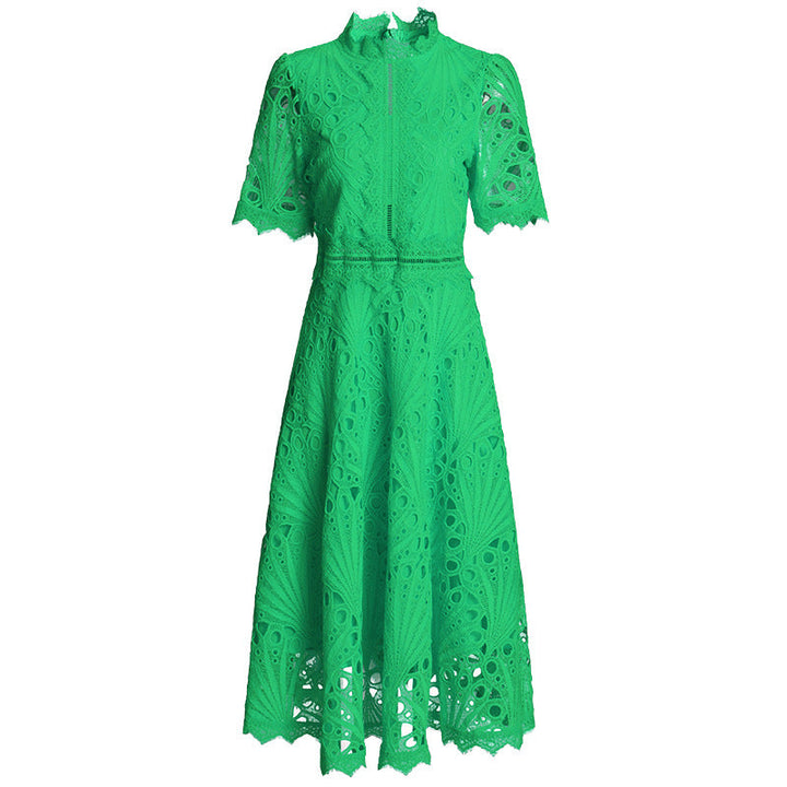 high-neck lace midi dress with short sleeves – EMERALD