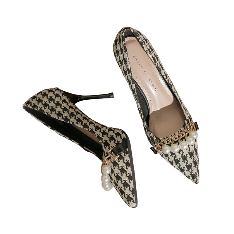 houndstooth pearl chain heels – PARIS