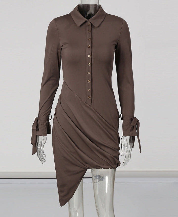 long sleeve collared ruched mini dress with button detail – MOCHA
