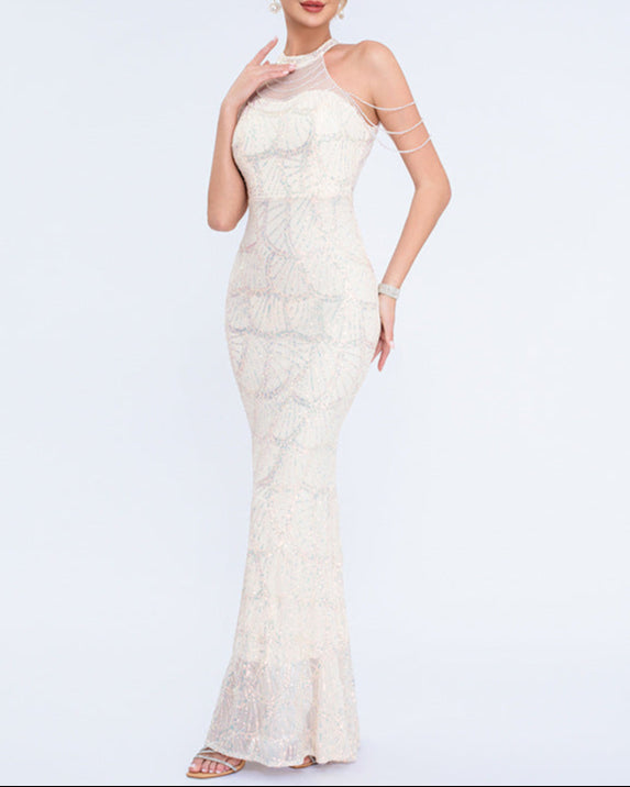 halter sequin mermaid gown with draped shoulder chains – AURORIAN