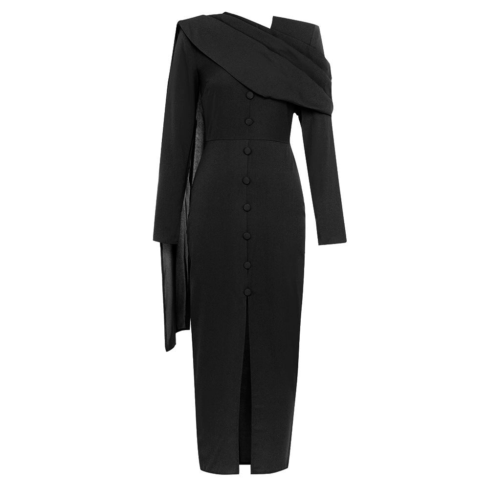 Asymmetric button-front midi dress with long sleeves – SEREN