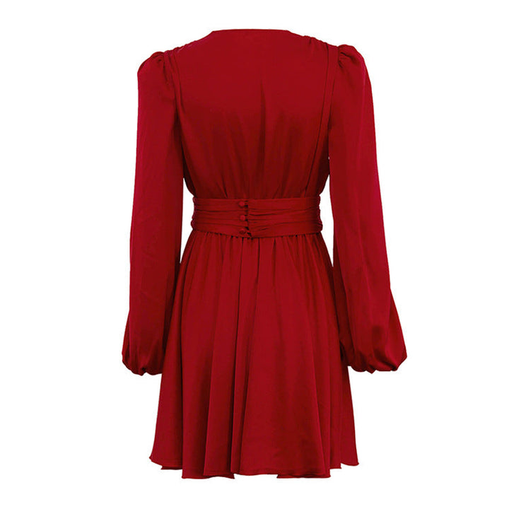 Red V-Neck Pleated Waist Mini Dress – ROSÉVA