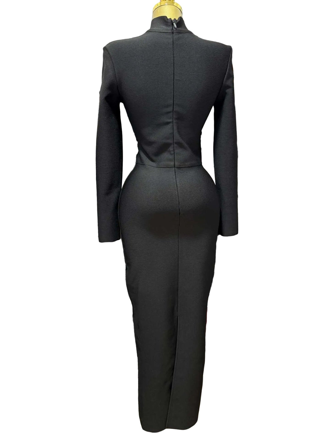 long sleeve high-neck maxi dress with crystal waist embellishment – CRYSTAL