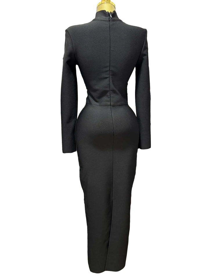 long sleeve high-neck maxi dress with crystal waist embellishment – CRYSTAL