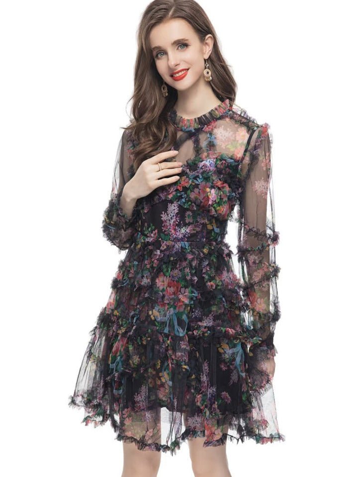 floral ruffle mini dress with sheer long sleeves – WHISPER