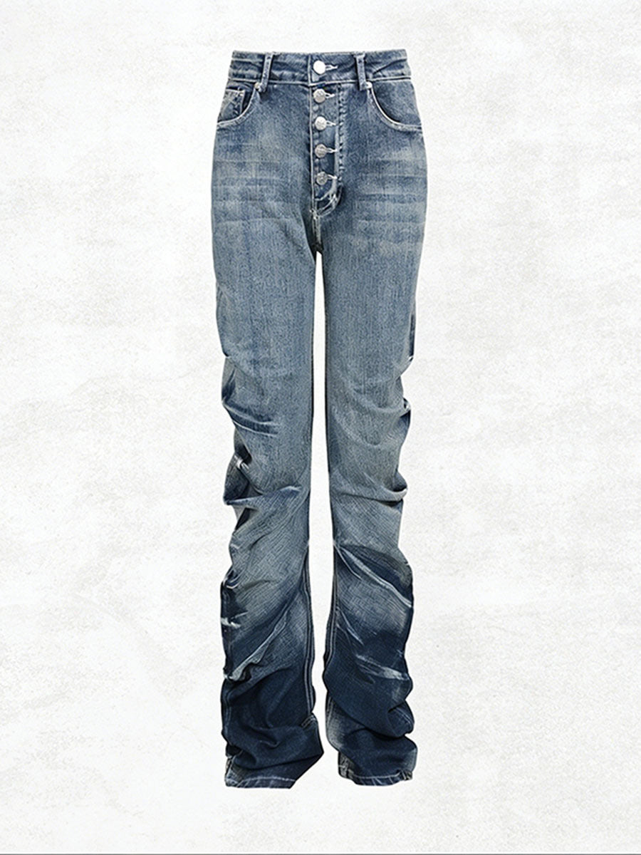 Vintage Wash High Waist Stacked Denim Jeans with Button Fly - RAVEN