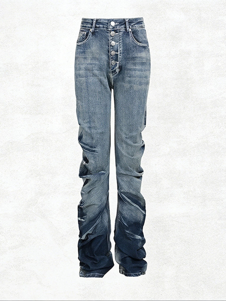 Vintage Wash High Waist Stacked Denim Jeans with Button Fly - RAVEN