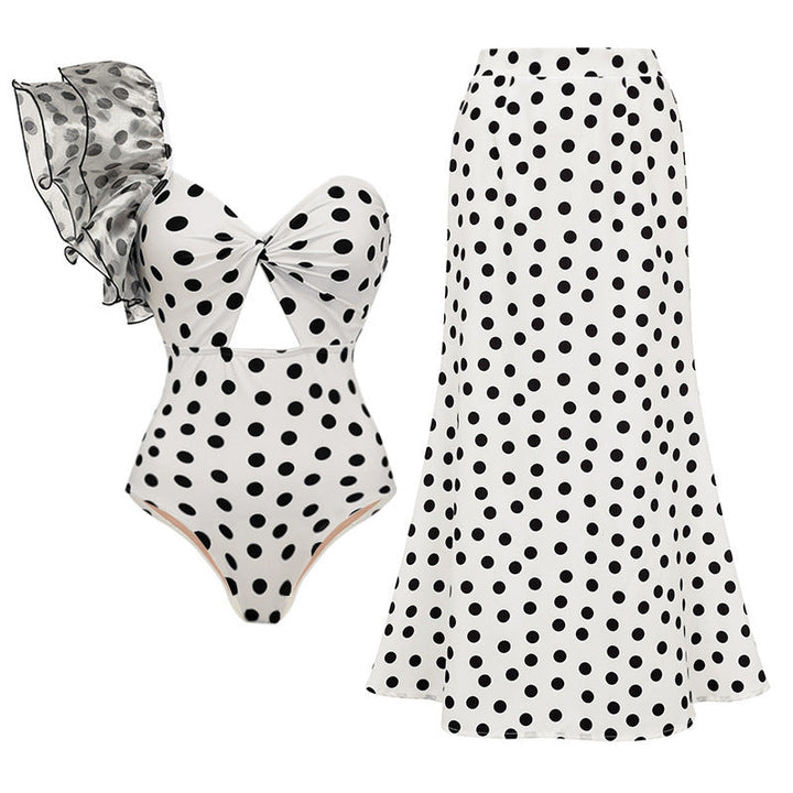 one-shoulder polka dot swimsuit with matching midi skirt – MONROE