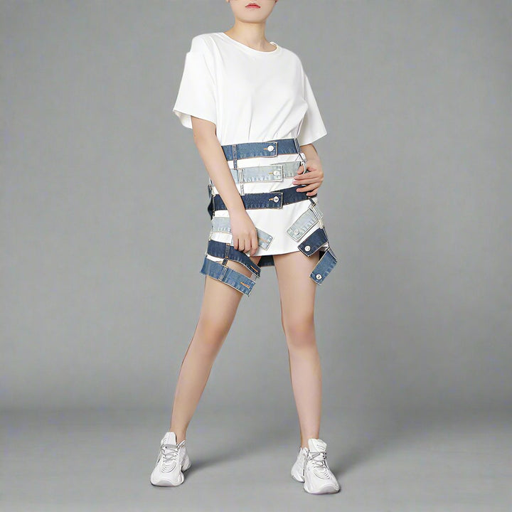 patchwork denim waist belt skirt - ODD- Talikha