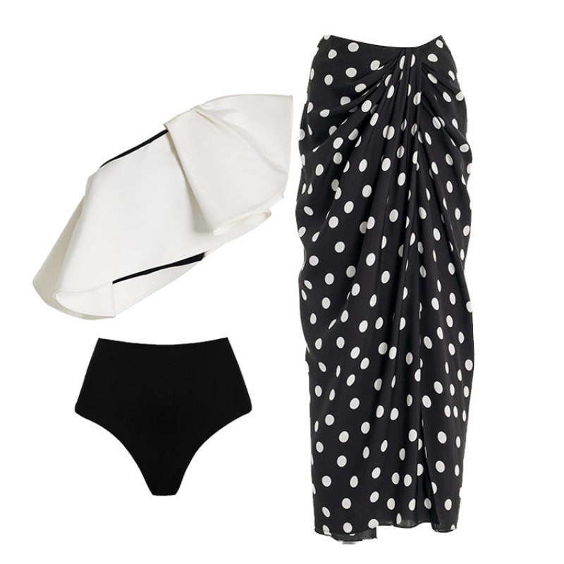 off-shoulder contrast swimsuit with polka dot wrap skirt – POLKA