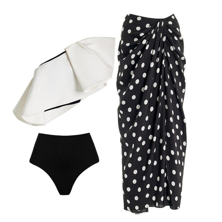 off-shoulder contrast swimsuit with polka dot wrap skirt – POLKA