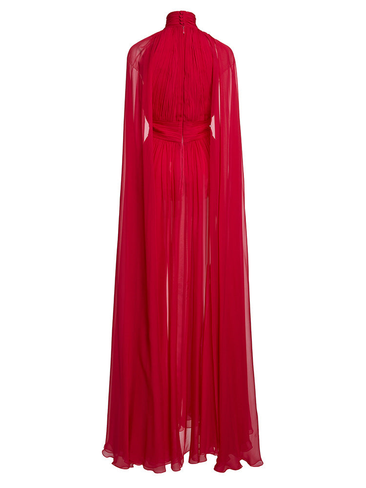 Red High-Neck Pleated Chiffon Maxi Dress – ÉLÉVRA