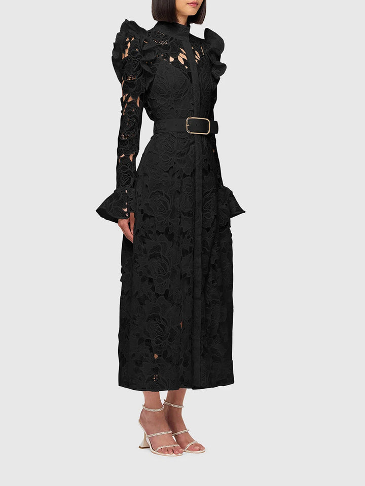ODD- long-sleeve lace midi dress with belt – Tesoro