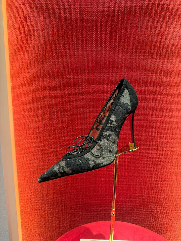 lace mesh pointed-toe heels with tie detail – NOIRITVU