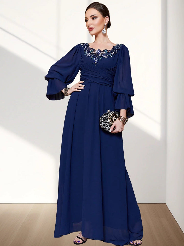 long sleeve A-line dress with embroidered neckline - AMANZIA