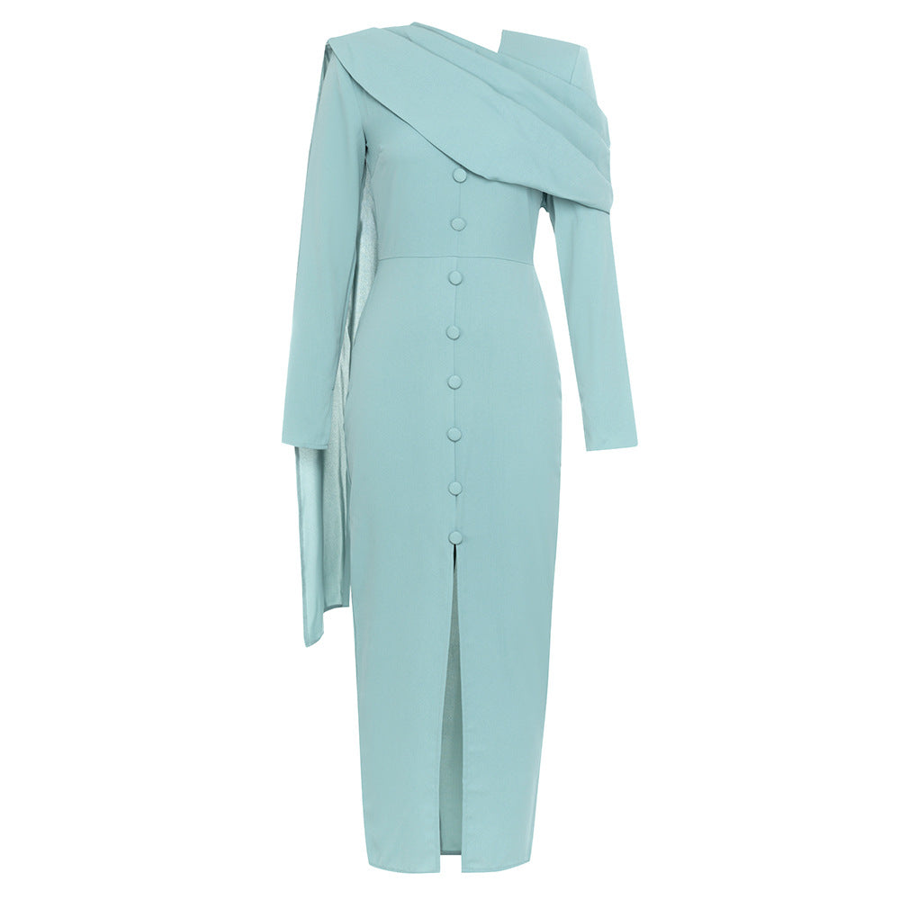 Asymmetric button-front midi dress with long sleeves – SEREN