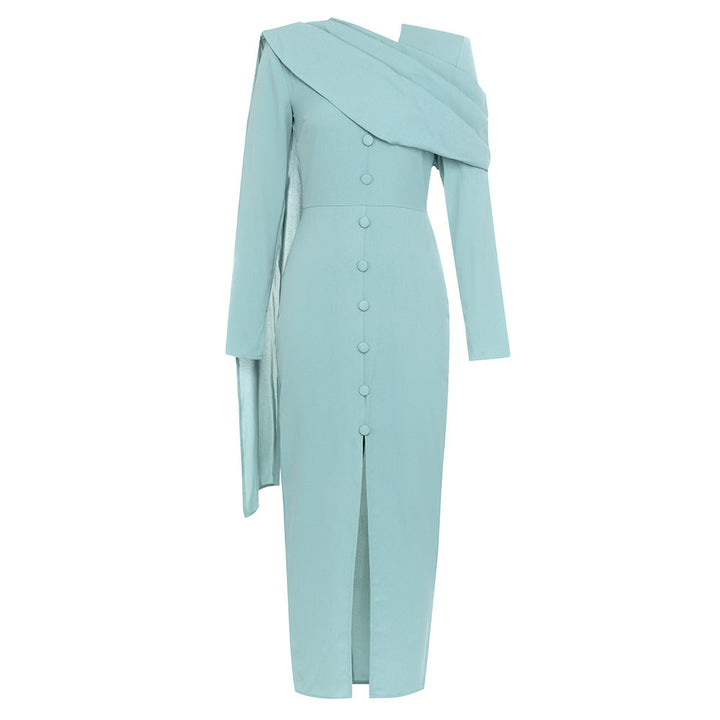 Asymmetric button-front midi dress with long sleeves – SEREN