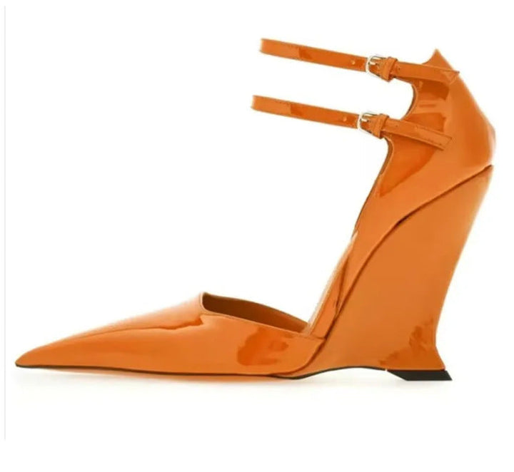 Patent Leather Double-Strap Wedge Heels – TANGERINE
