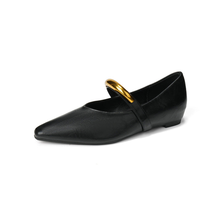 pointed toe flat shoe with gold metal strap detail – NOIR