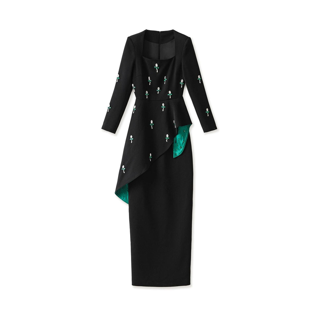 asymmetrical embroidered gown with emerald satin detail – NOIR