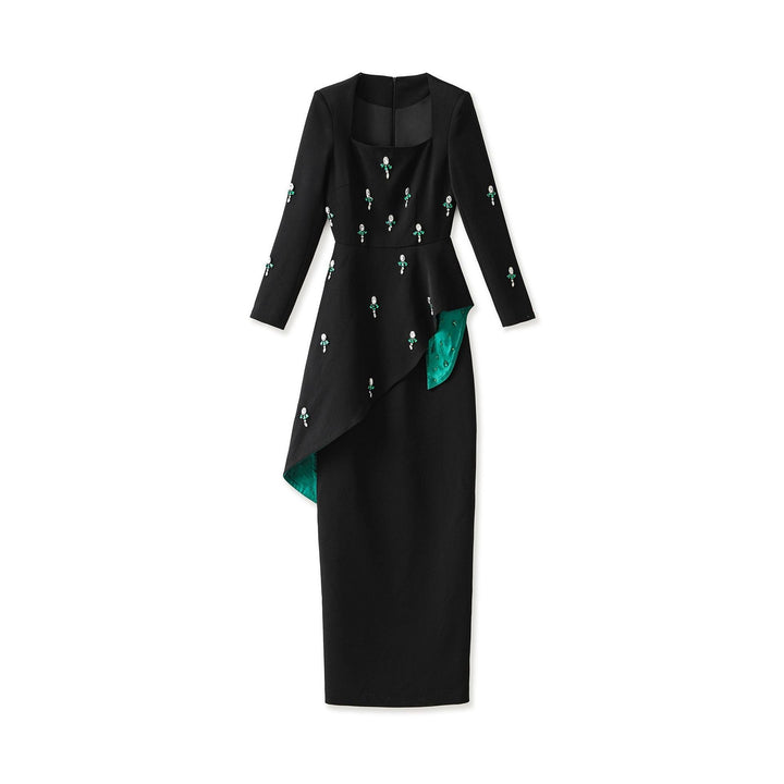 asymmetrical embroidered gown with emerald satin detail – NOIR