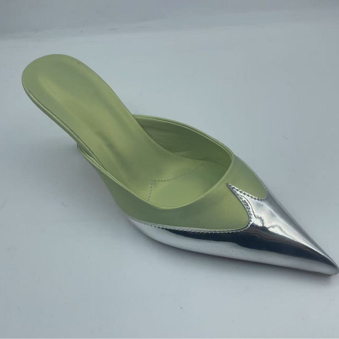 Silver Tip Satin Mule Heels - Modern