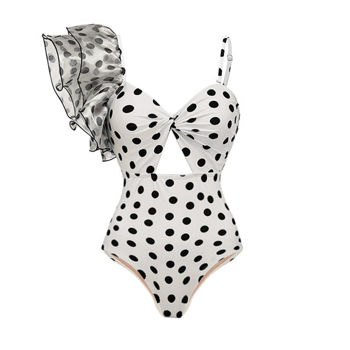 one-shoulder polka dot swimsuit with matching midi skirt – MONROE