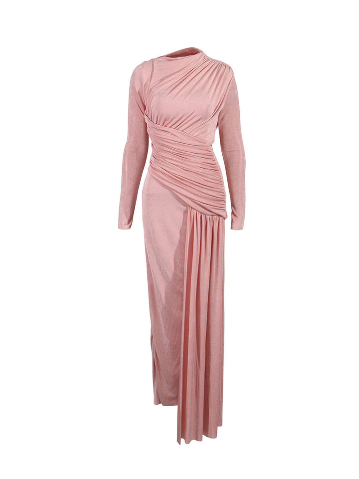 One-shoulder draped maxi dress with pleated panel – RUBY