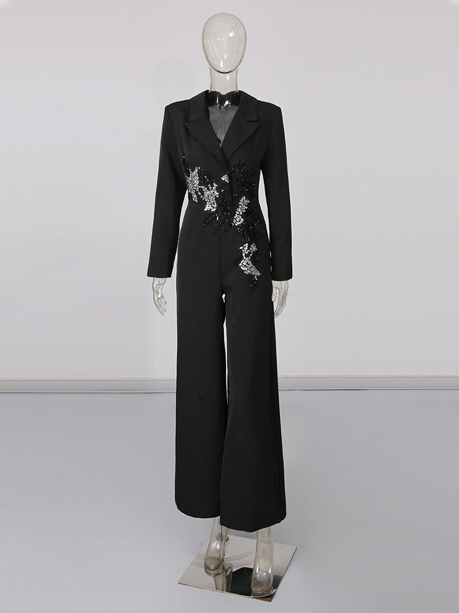 tailored wide-leg jumpsuit with crystal floral applique – ÉTOILE
