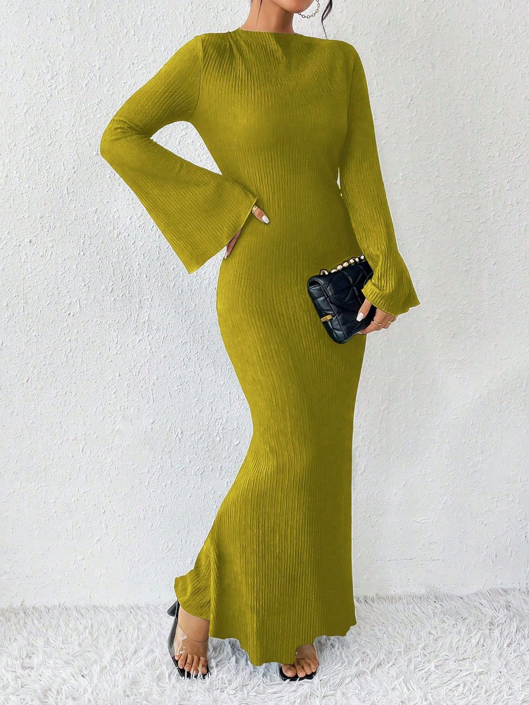 ribbed column maxi dress with flared sleeves – VAZIRA