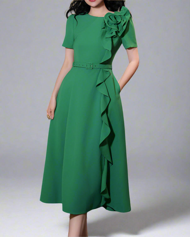 short-sleeve midi dress with 3D floral detail - CELINA