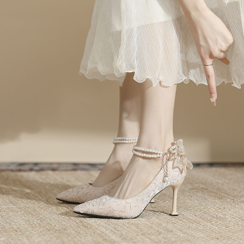 Pearl Bow Pointed Heels - Elegant