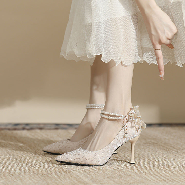 Pearl Bow Pointed Heels - Elegant