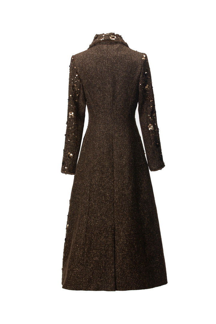 double breasted tweed long coat with metallic detailing – BRONZIA