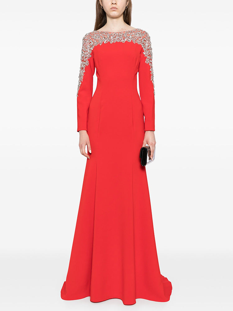 long sleeve flared gown with gold embellished cape detail – ODD- ORABEL