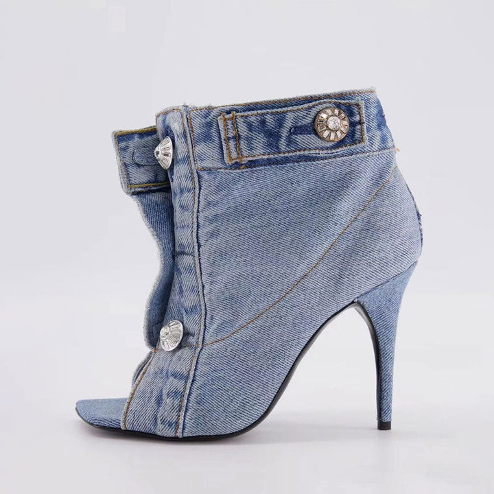 Denim Peep-Toe Button Ankle Boots – BLUE