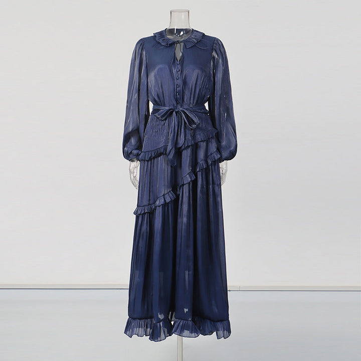 long sleeve chiffon ruffle maxi dress with waist tie – SERAPHINA