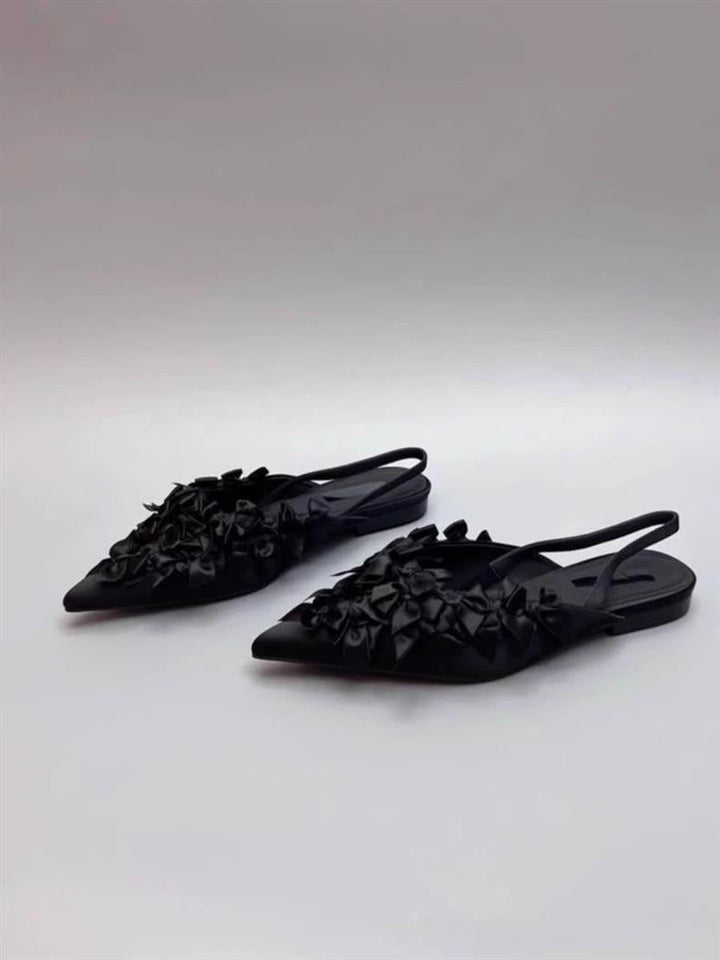 black satin slingback flats with 3D floral appliqué – NOIRIA