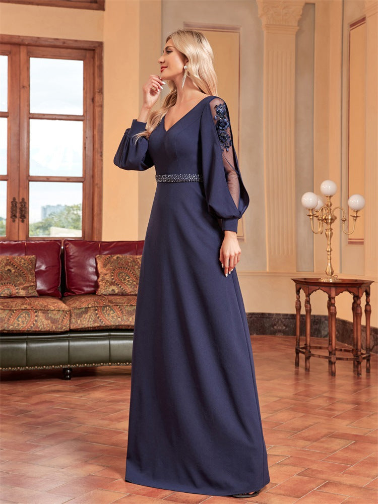 chiffon-sleeve evening gown with beaded waist – ODD- MIDNIGHT POISE