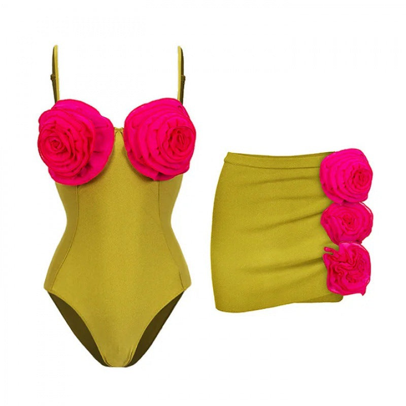 rose appliqué one-piece with mini wrap skirt – LIME