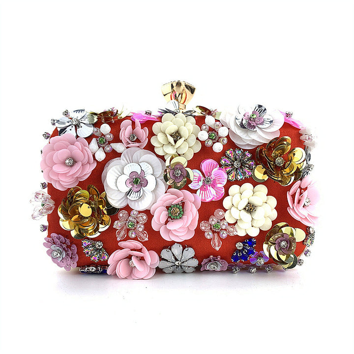 Floral Embellished Box Clutch with Gold Accents - Hilu