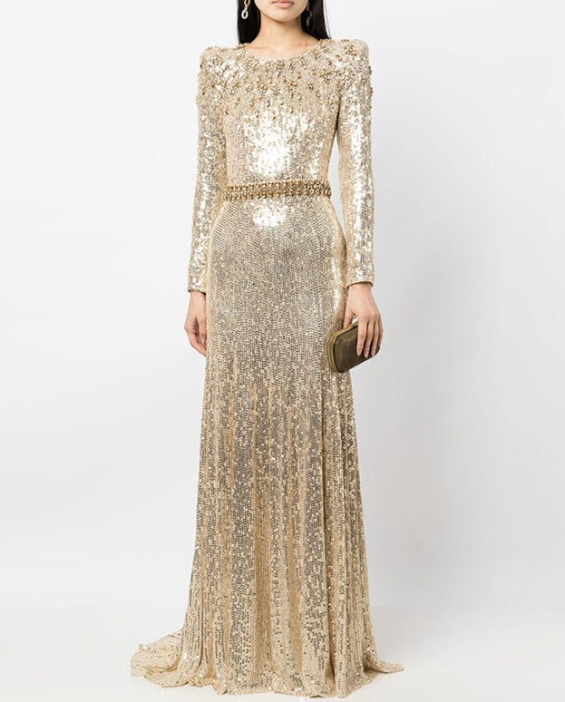 Long sleeve column dress with sequined embellishments - Jinwy